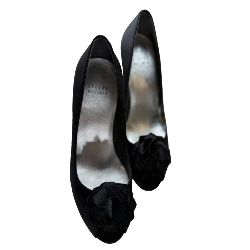 Stuart Weitzman 8.5 Black Satin Rosette Peep Toe Pumps Heels Made in Spain